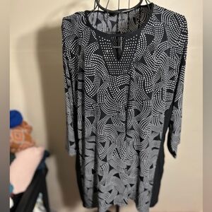 size 1x womens black white print casual dress shirt top blouse 1 x